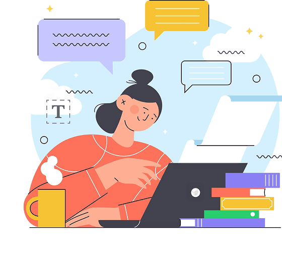 Illustration of an employee learning at a laptop with courses and chat prompts