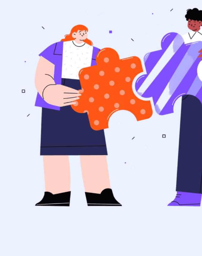 Two people fitting puzzle pieces together to represent complete payroll support