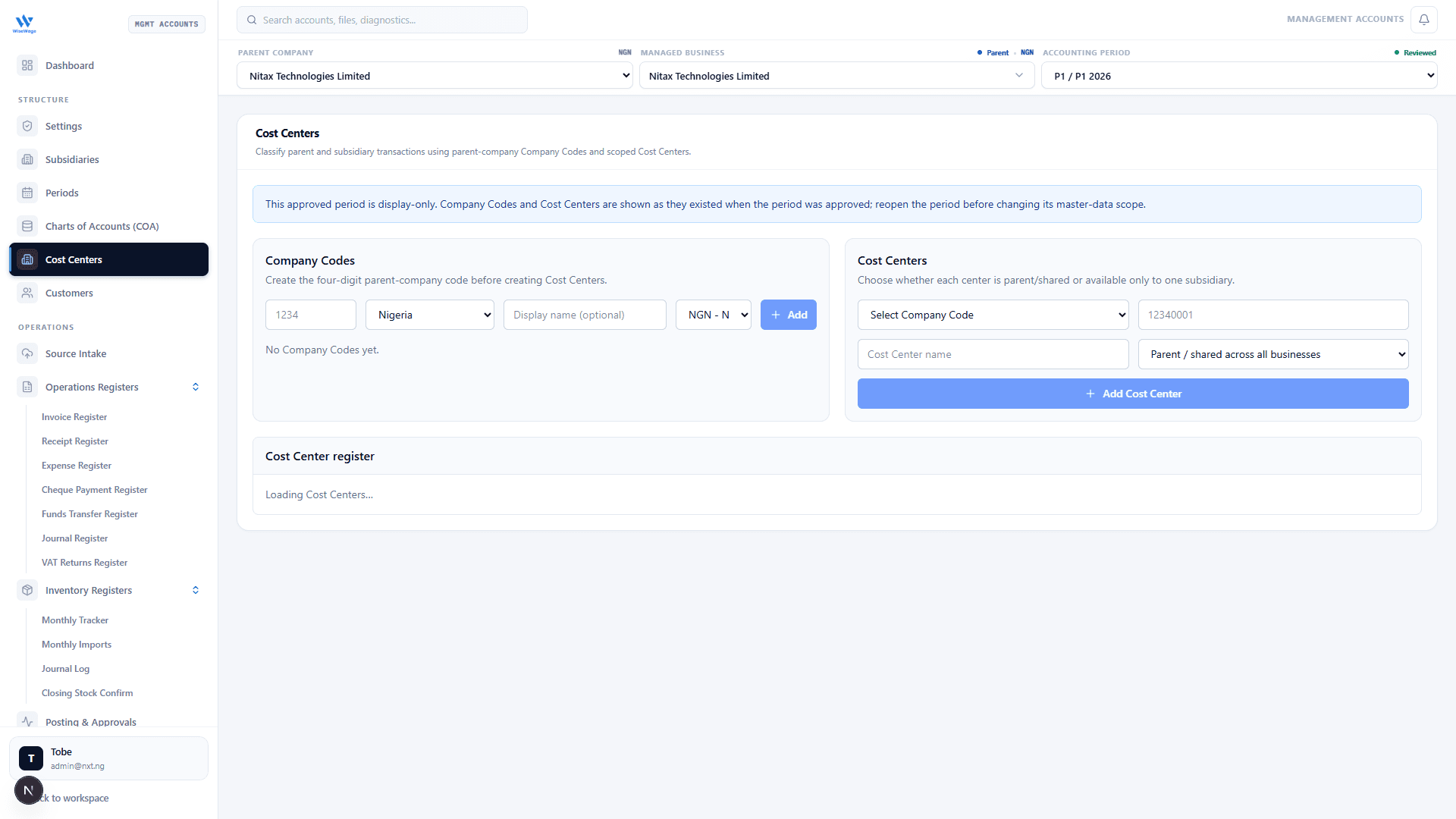Nitax Technologies Limited P1 Company Code and Cost Center controls