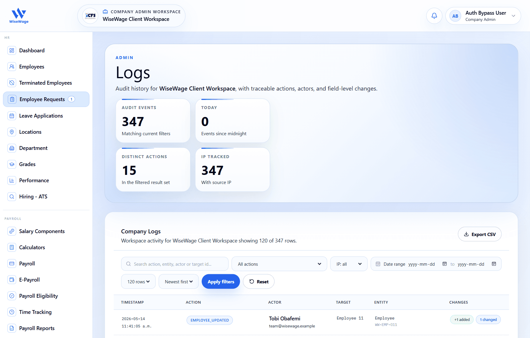 WiseWage company activity logs screen