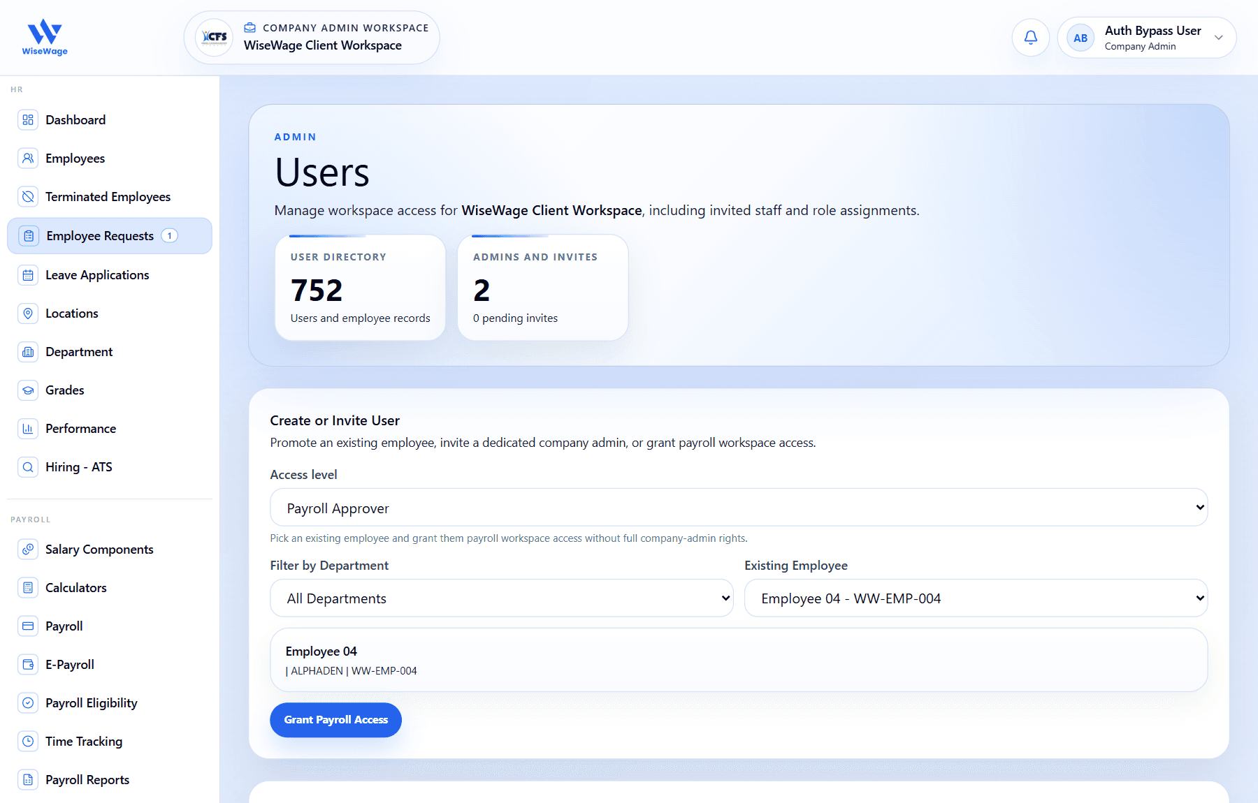 WiseWage company users and access screen