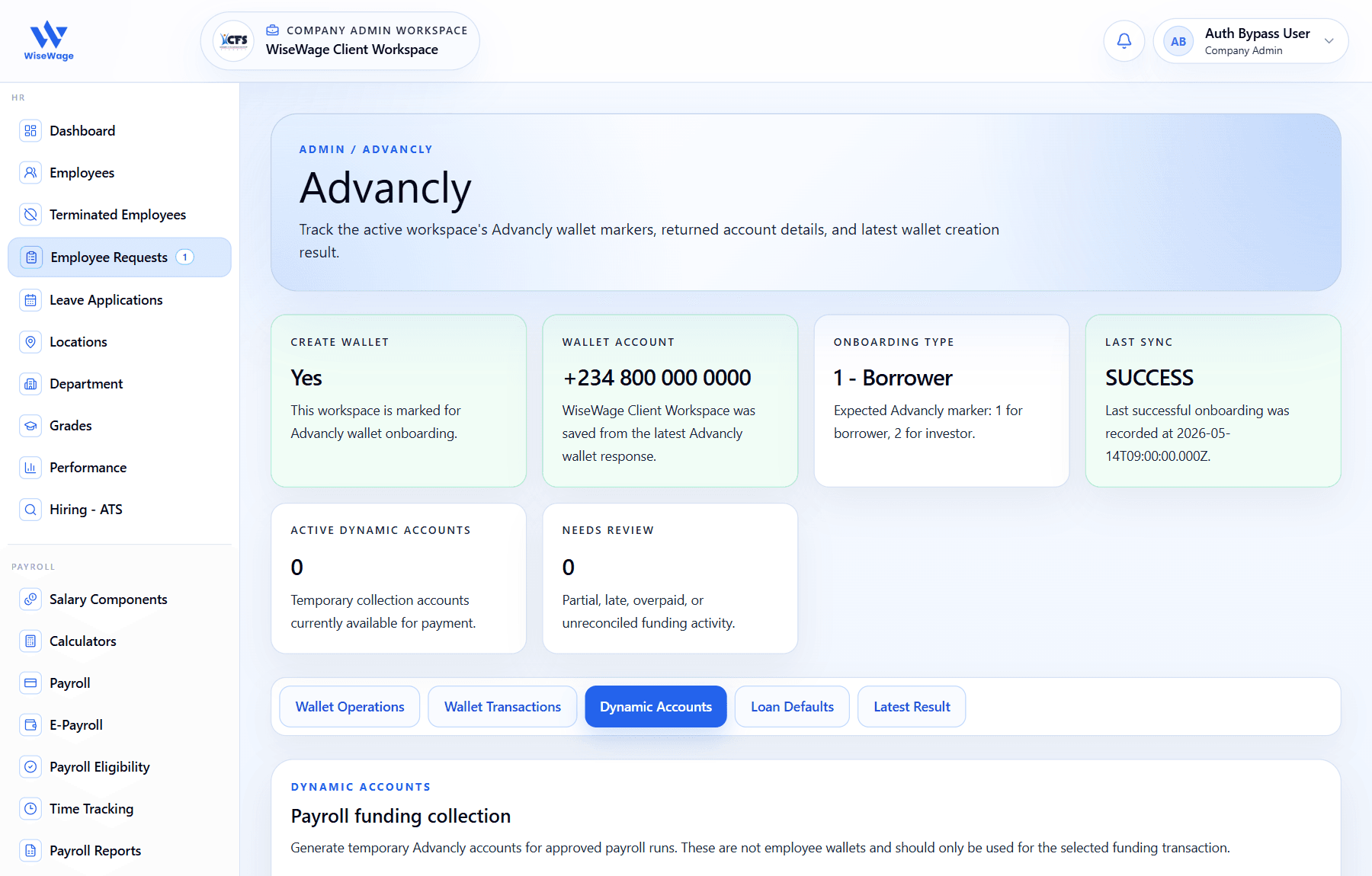 WiseWage Advancly wallet and payroll funding tools screen