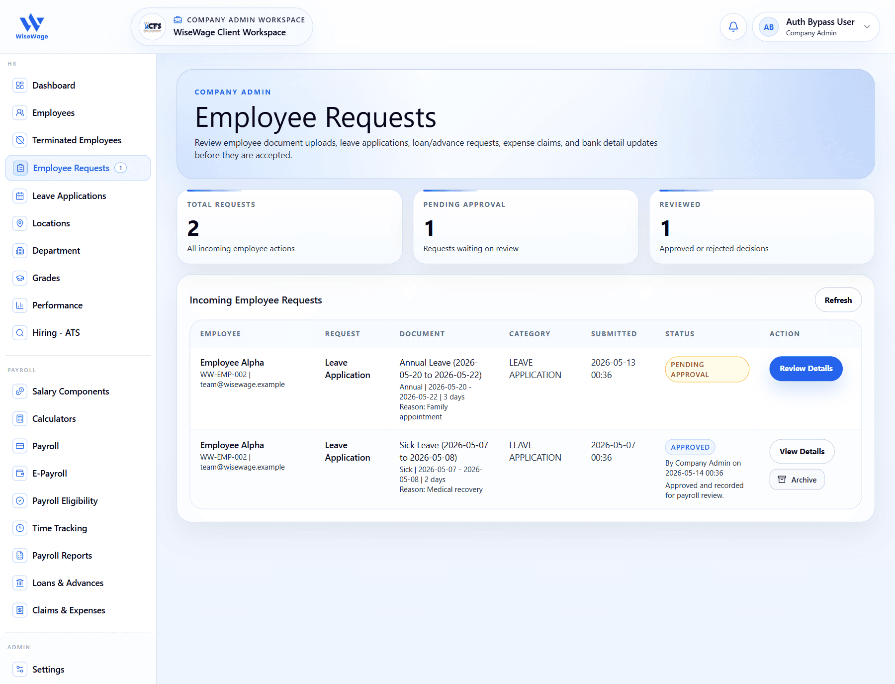 WiseWage employee requests review screen
