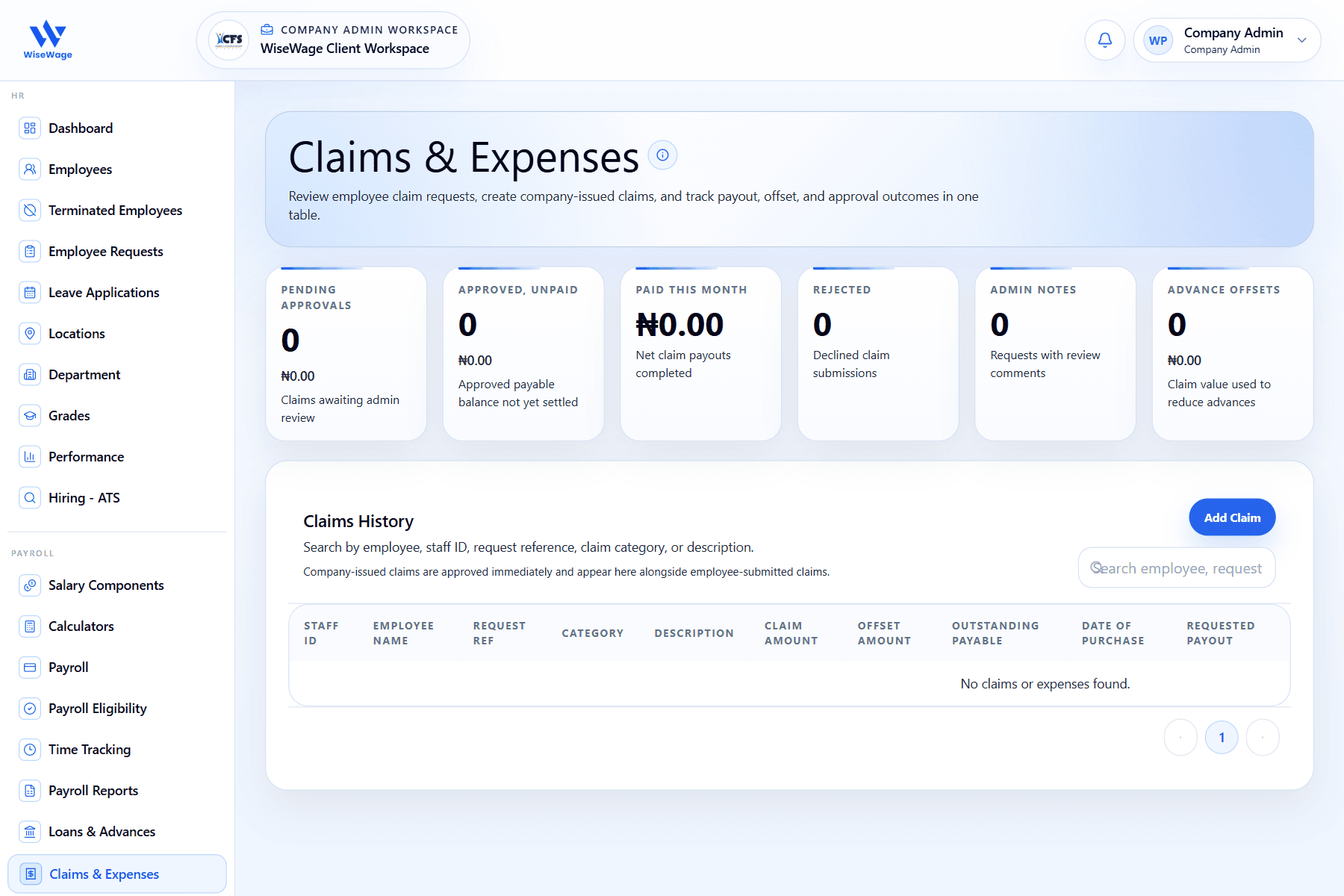 WiseWage claims and expenses screen