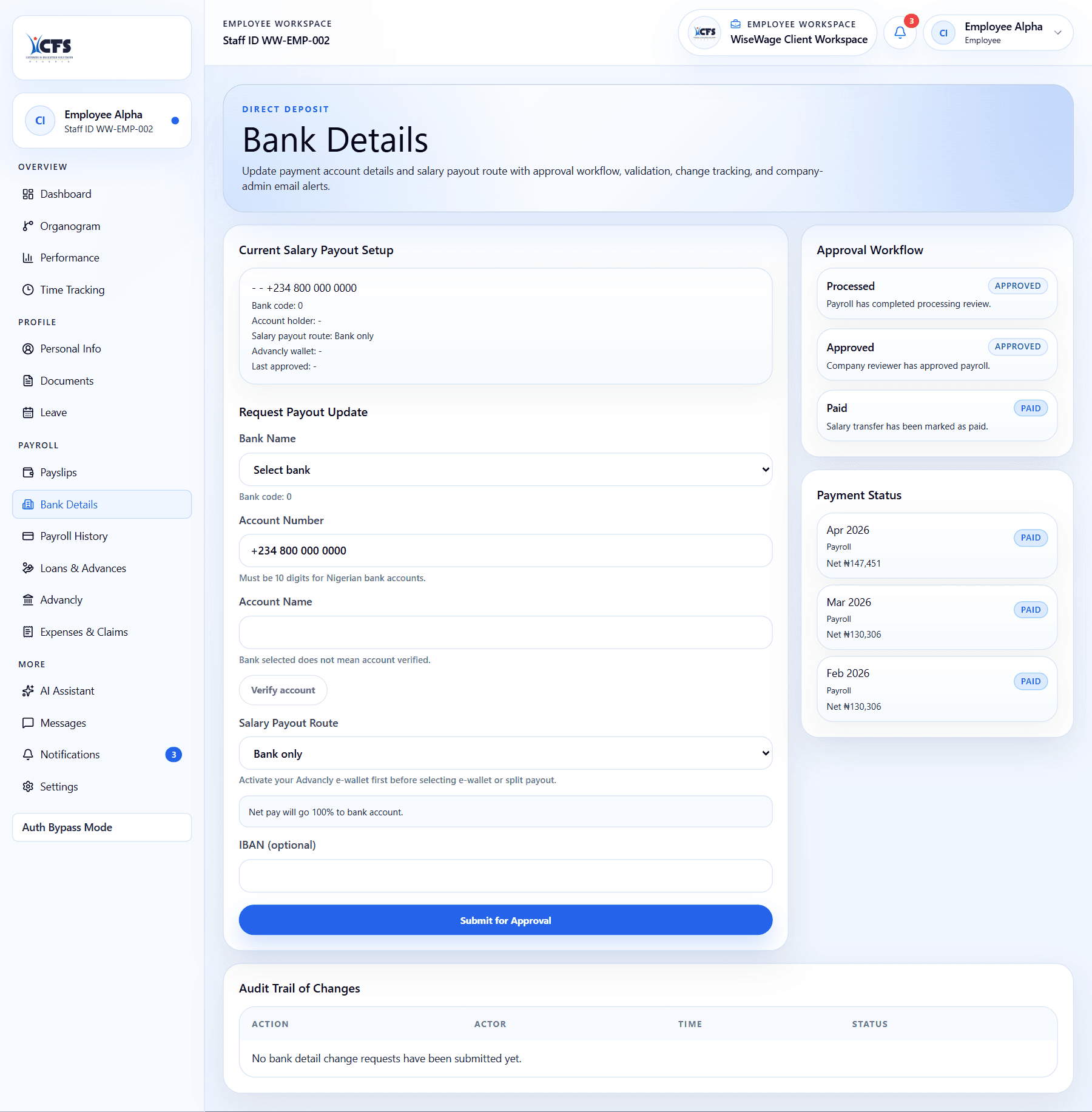 WiseWage employee bank details area