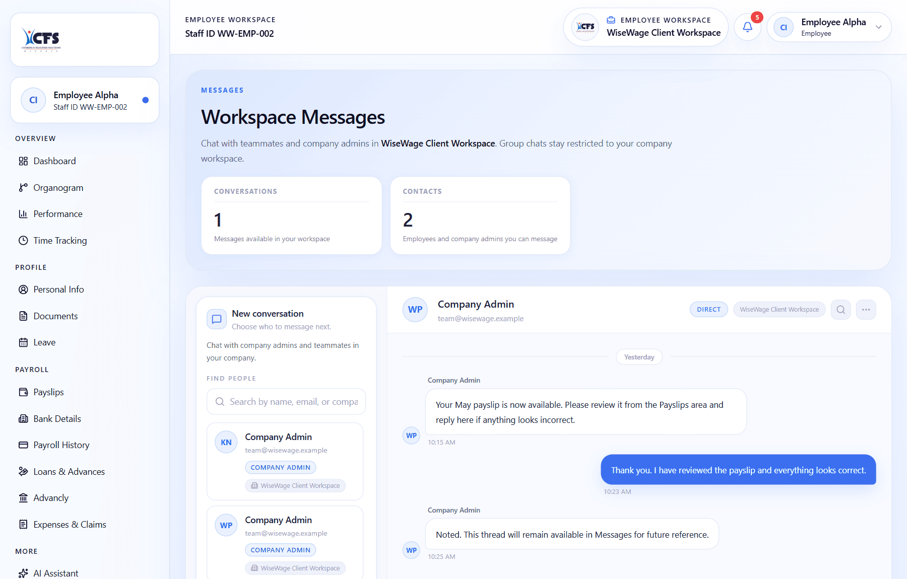 WiseWage employee messages screen