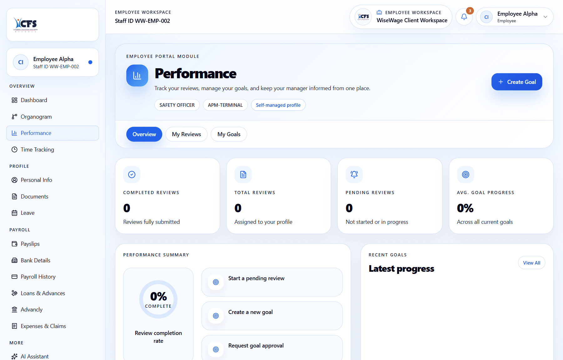 WiseWage employee performance review screen