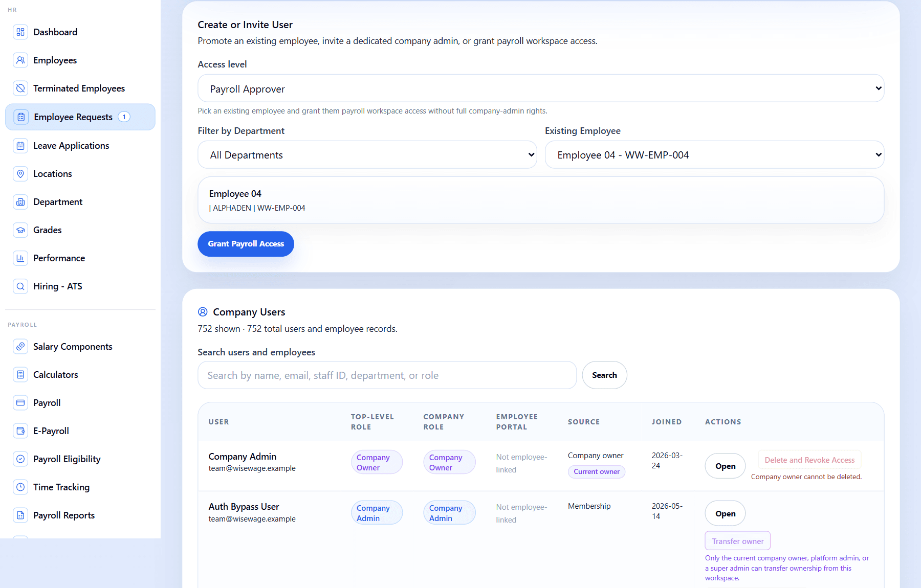 WiseWage employee portal access management screen
