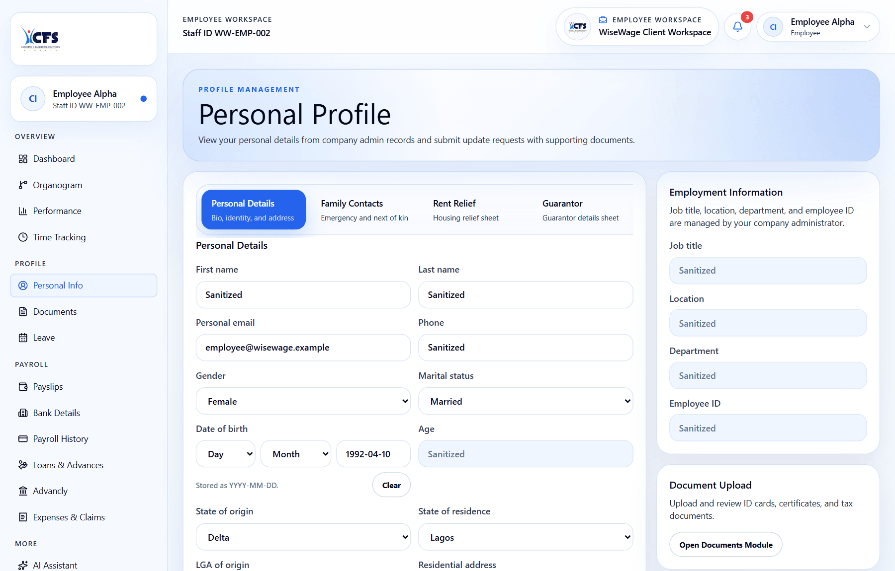 WiseWage employee documents screen