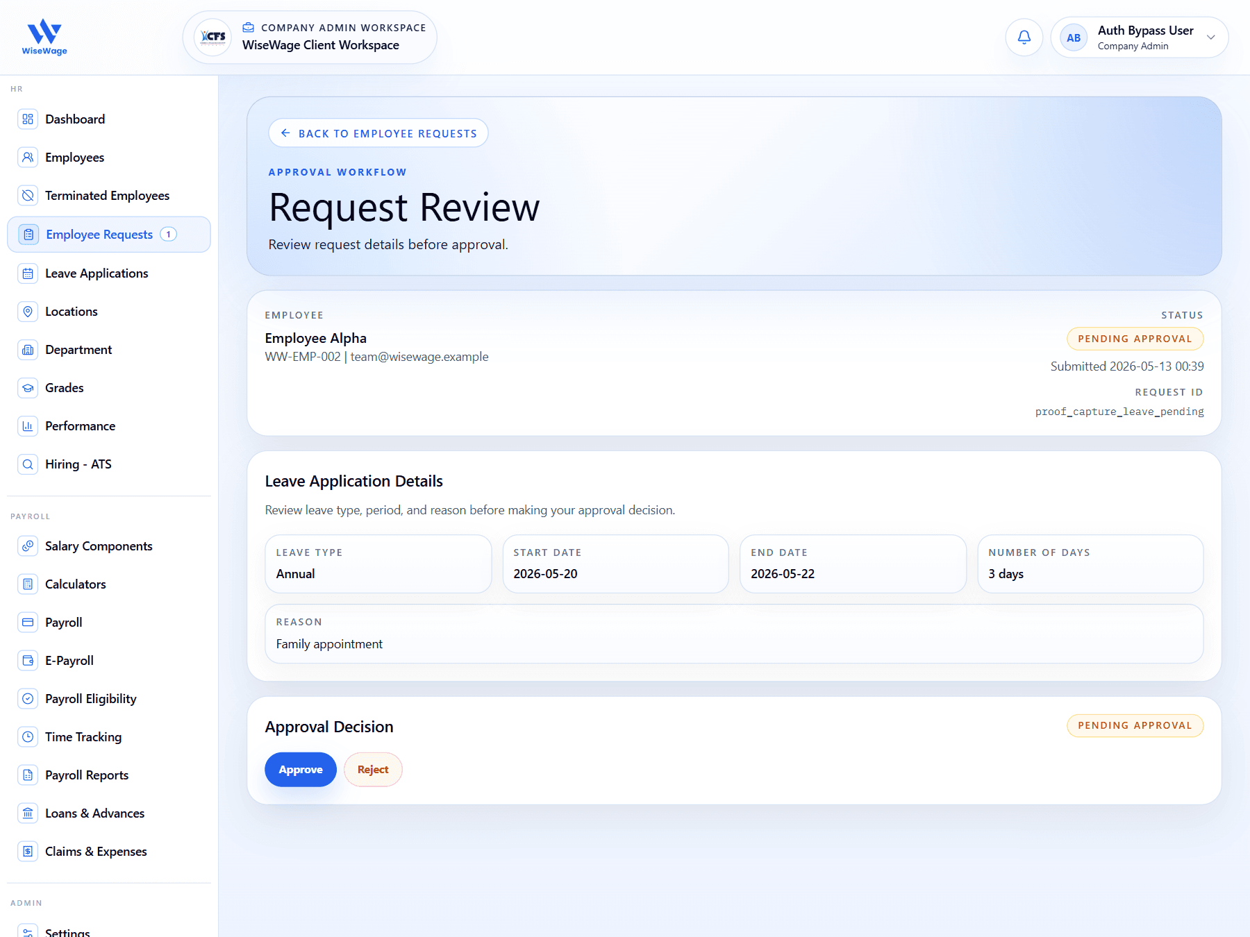 WiseWage employee request detail approval screen