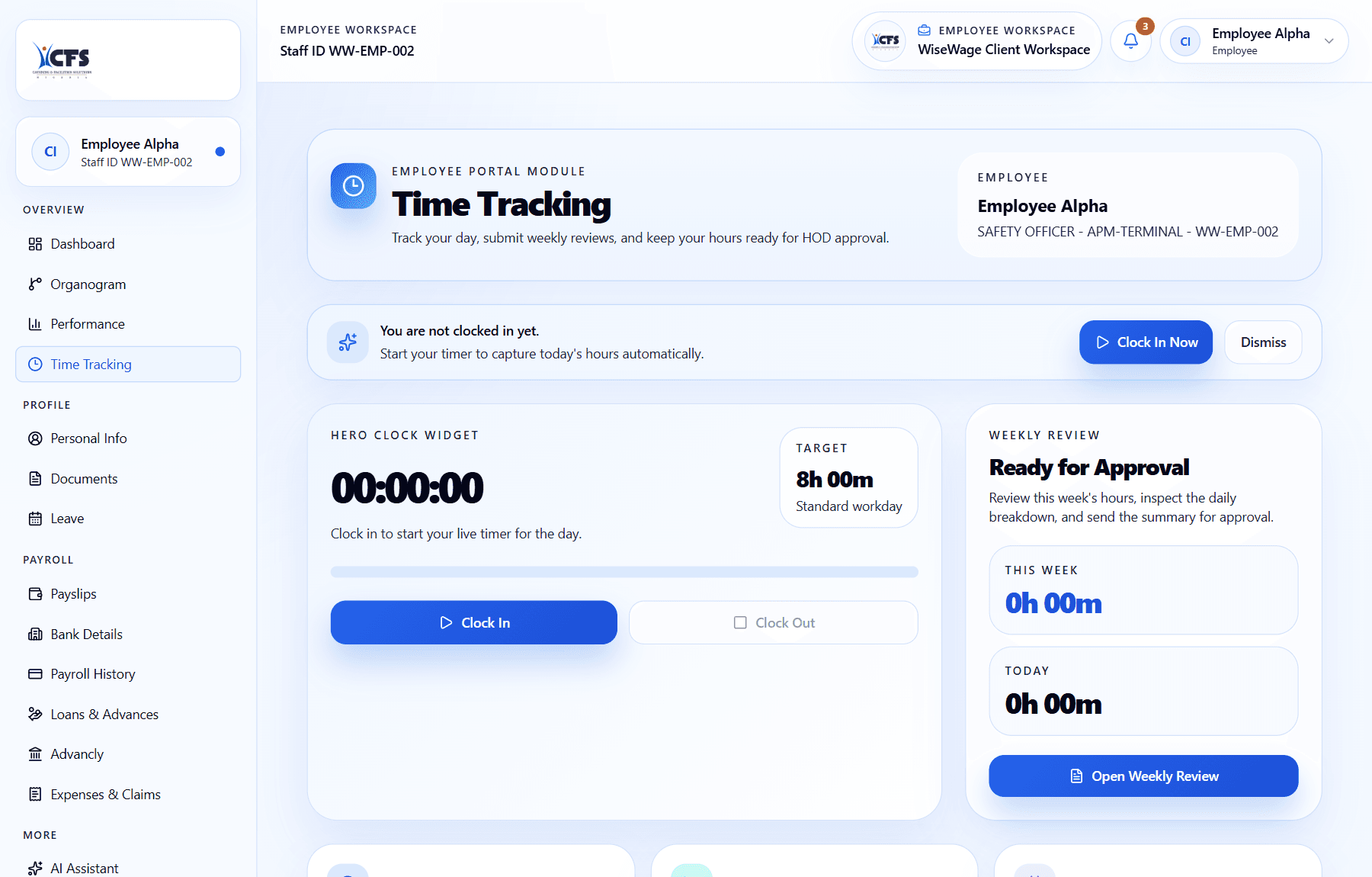 WiseWage employee time tracking screen