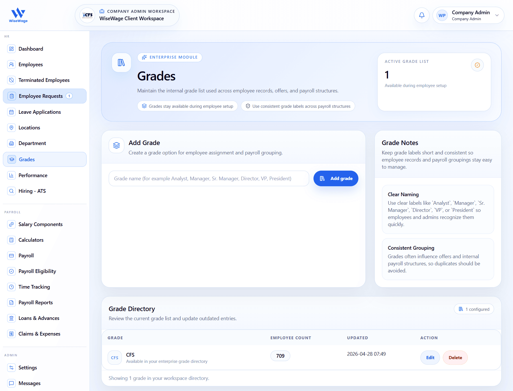 WiseWage grades configuration screen