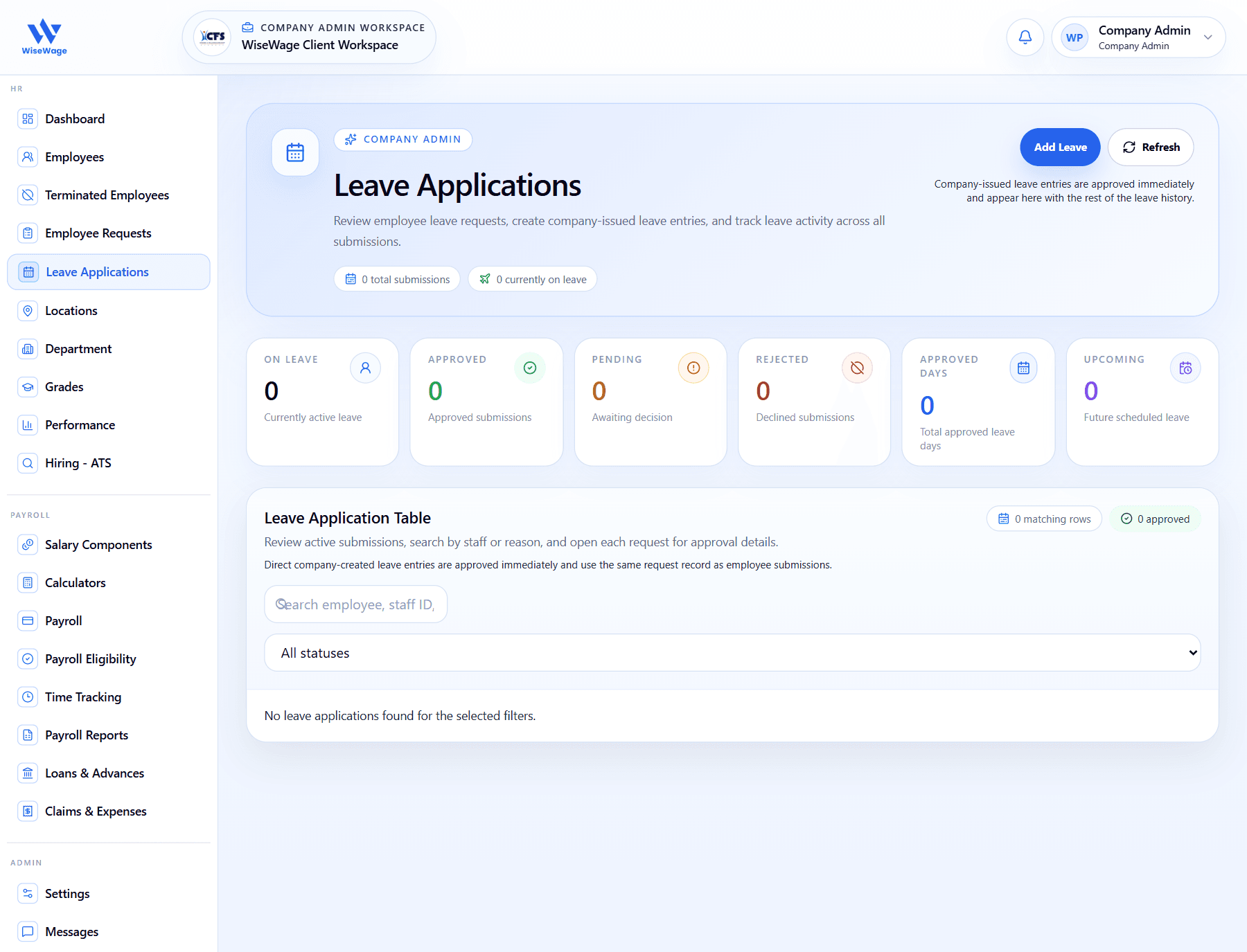 WiseWage company leave applications screen