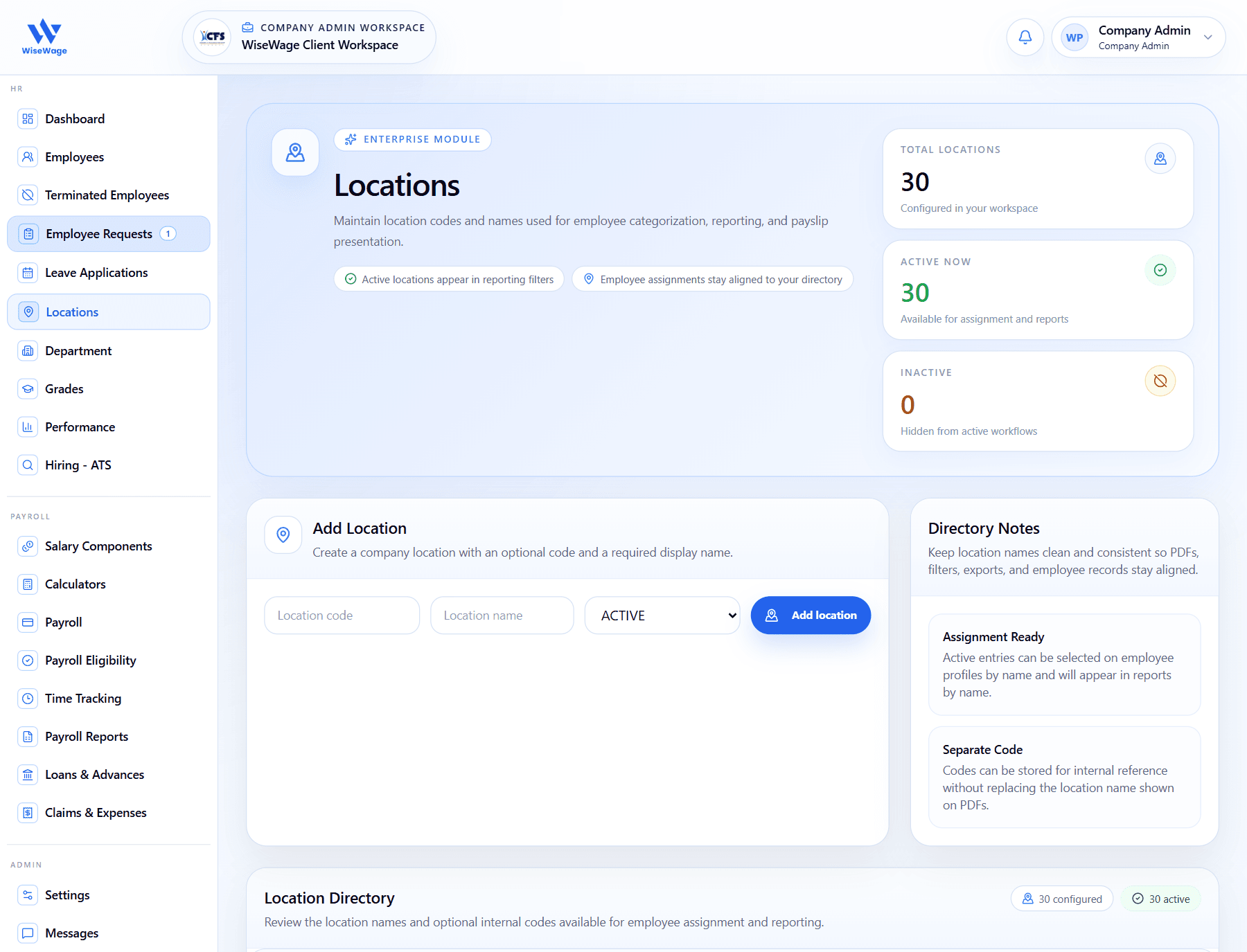 WiseWage locations configuration screen