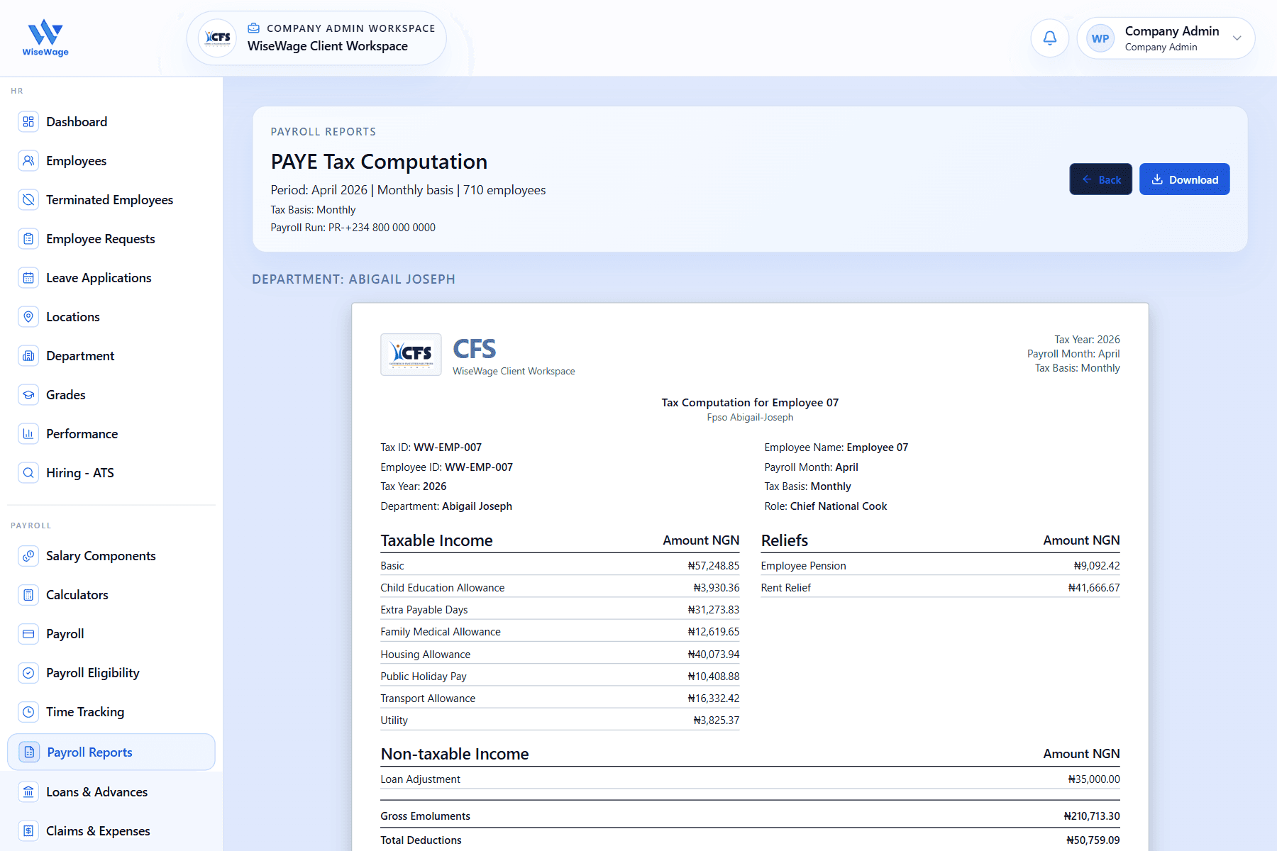 WiseWage PAYE tax report screen