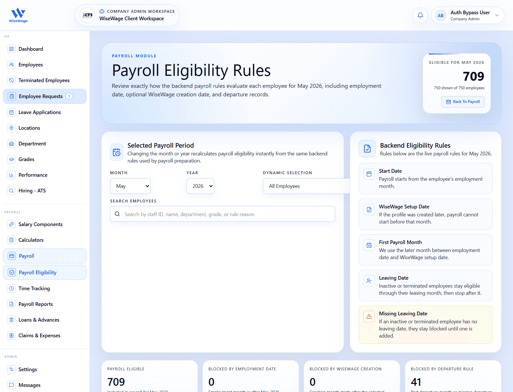 WiseWage payroll eligibility rules screen
