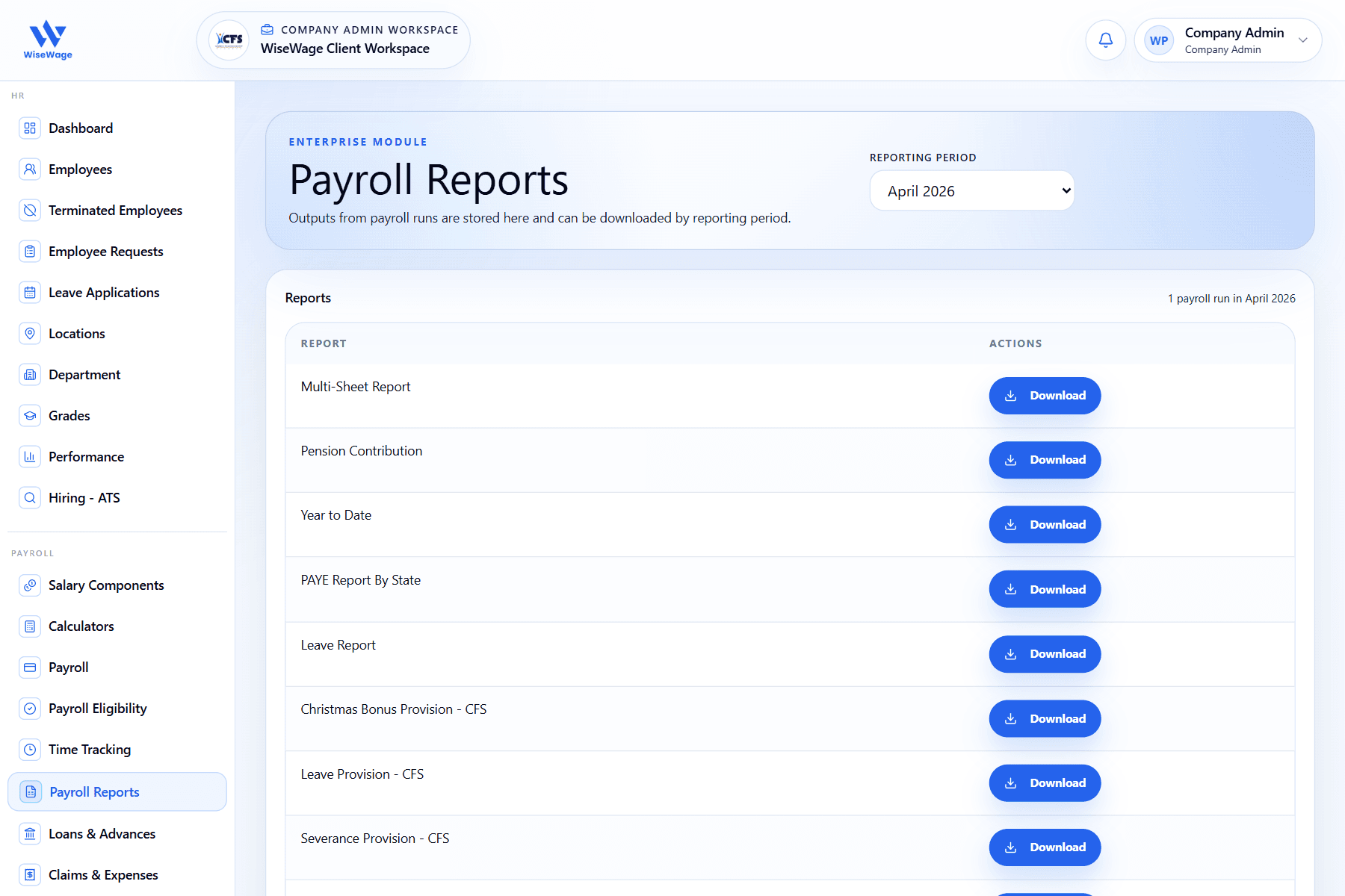 WiseWage payroll reports dashboard