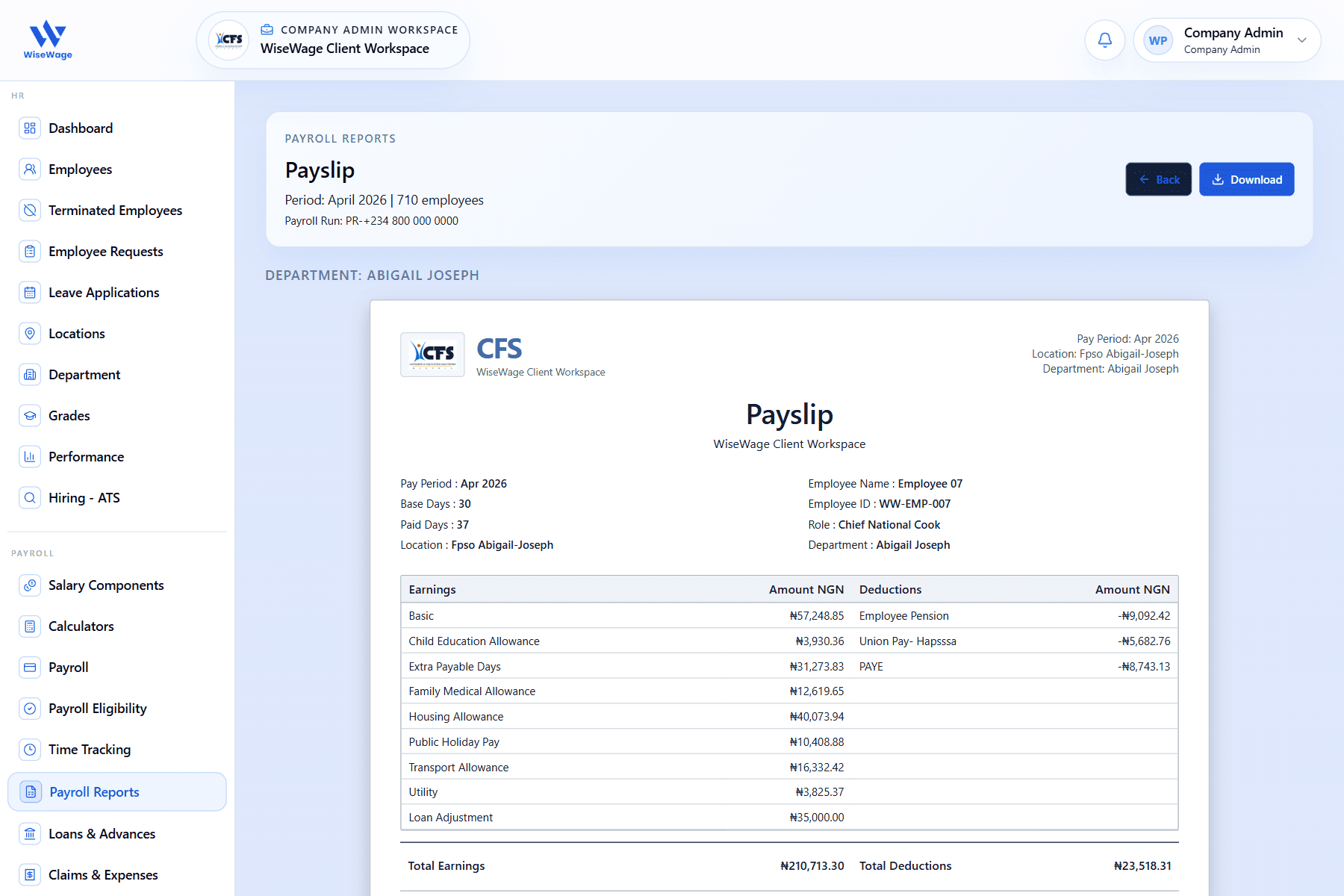 WiseWage payslip report screen