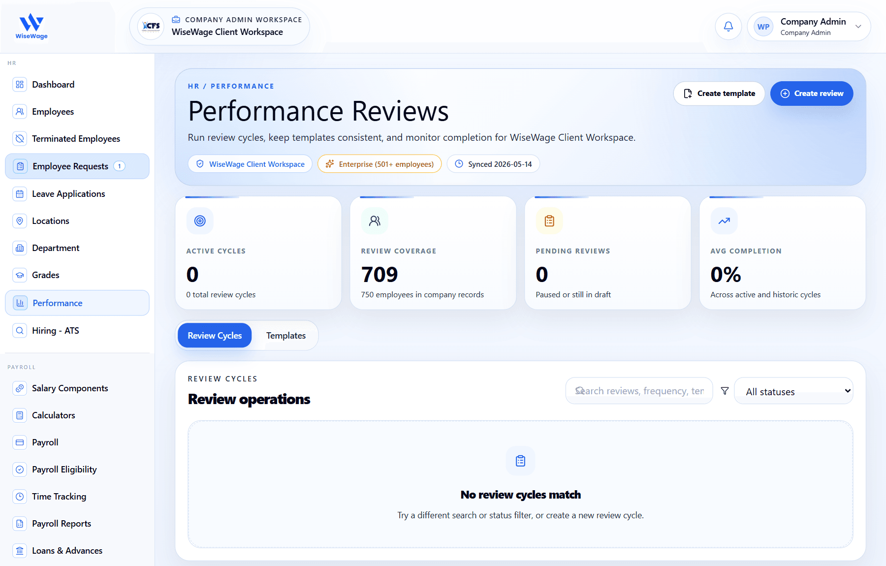 WiseWage performance review cycles screen