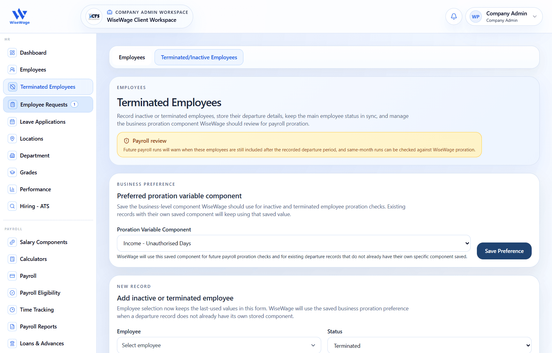 WiseWage terminated employees workspace