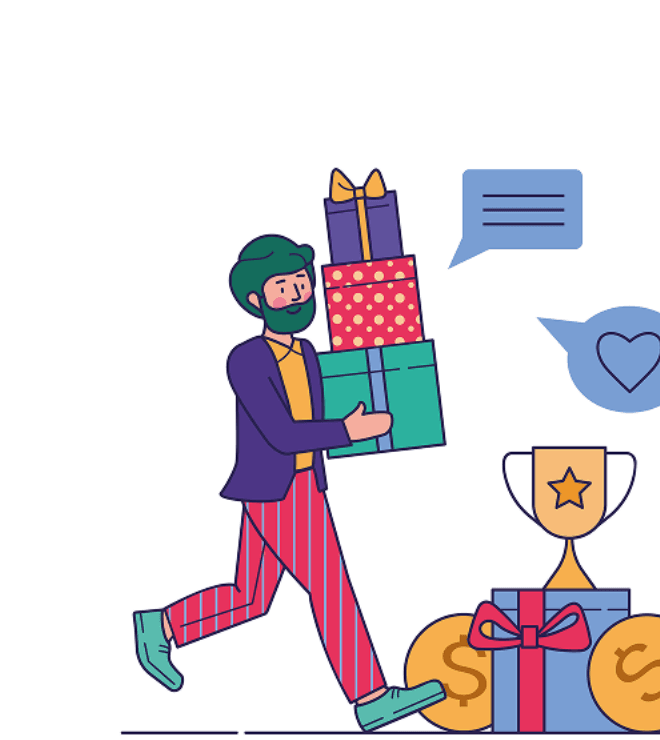 Illustration of an employee carrying gift boxes beside rewards and benefits icons