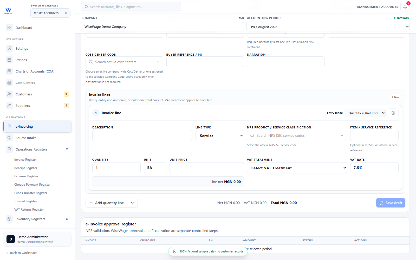 Fictional WiseWage e-Invoicing line-item and VAT controls