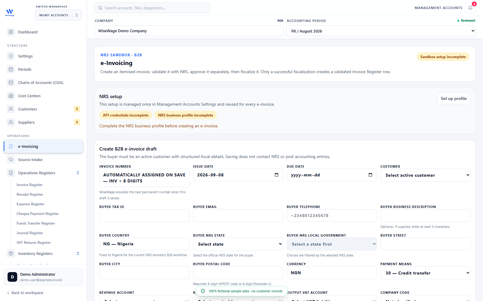 Fictional WiseWage Management Accounts e-Invoicing workspace