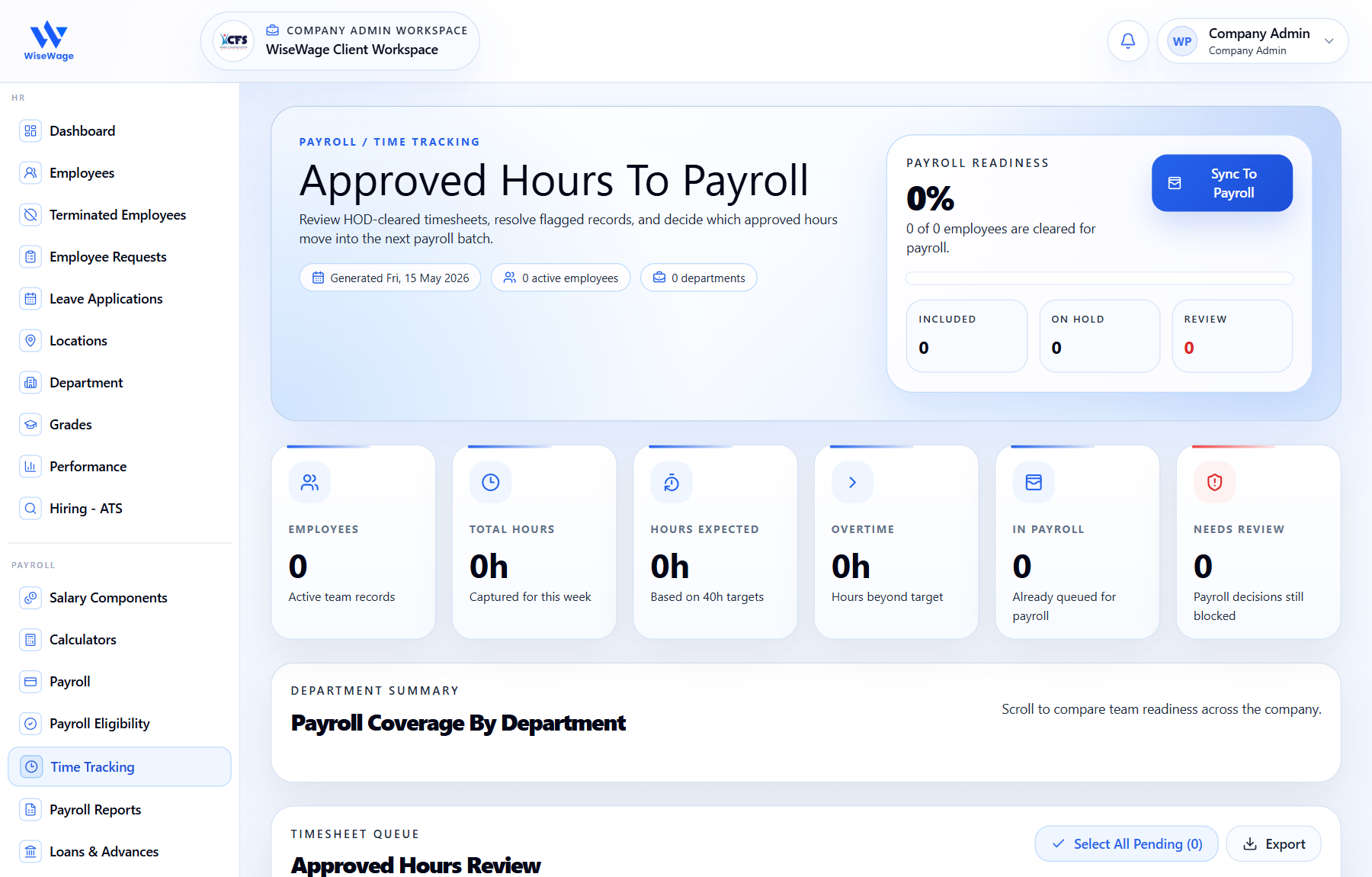 WiseWage time tracking payroll readiness by department screen