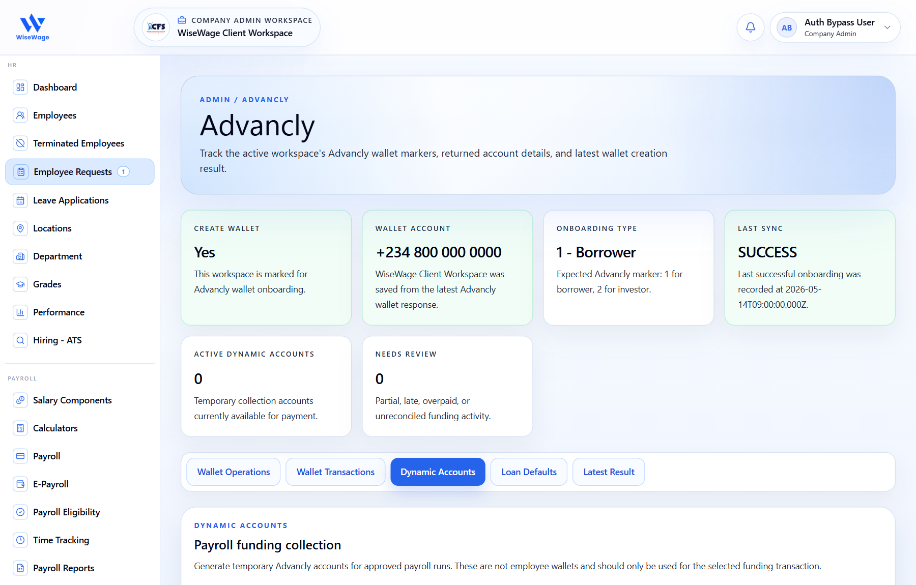 WiseWage Advancly wallet and payroll funding tools screen