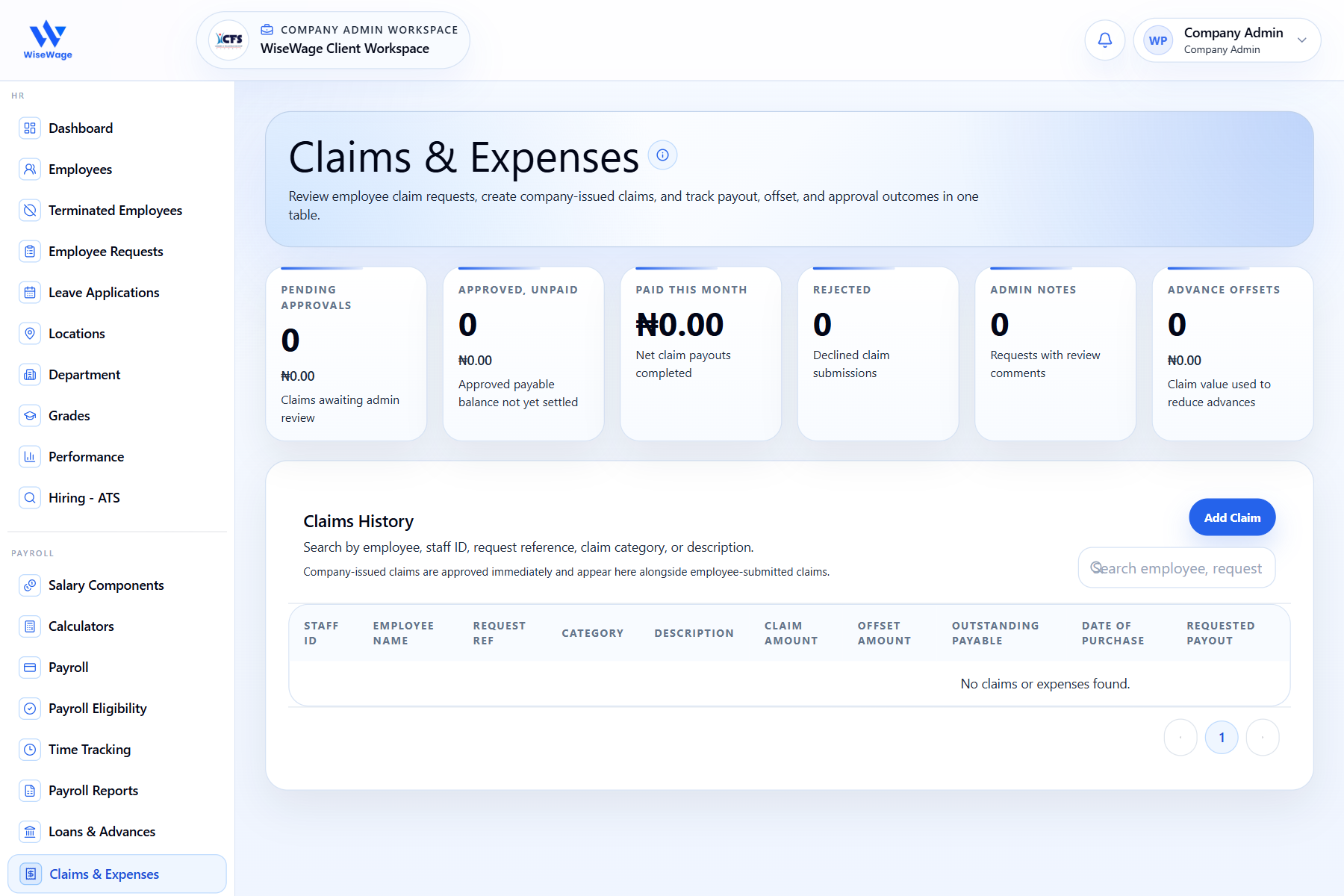 WiseWage claims and expenses screen