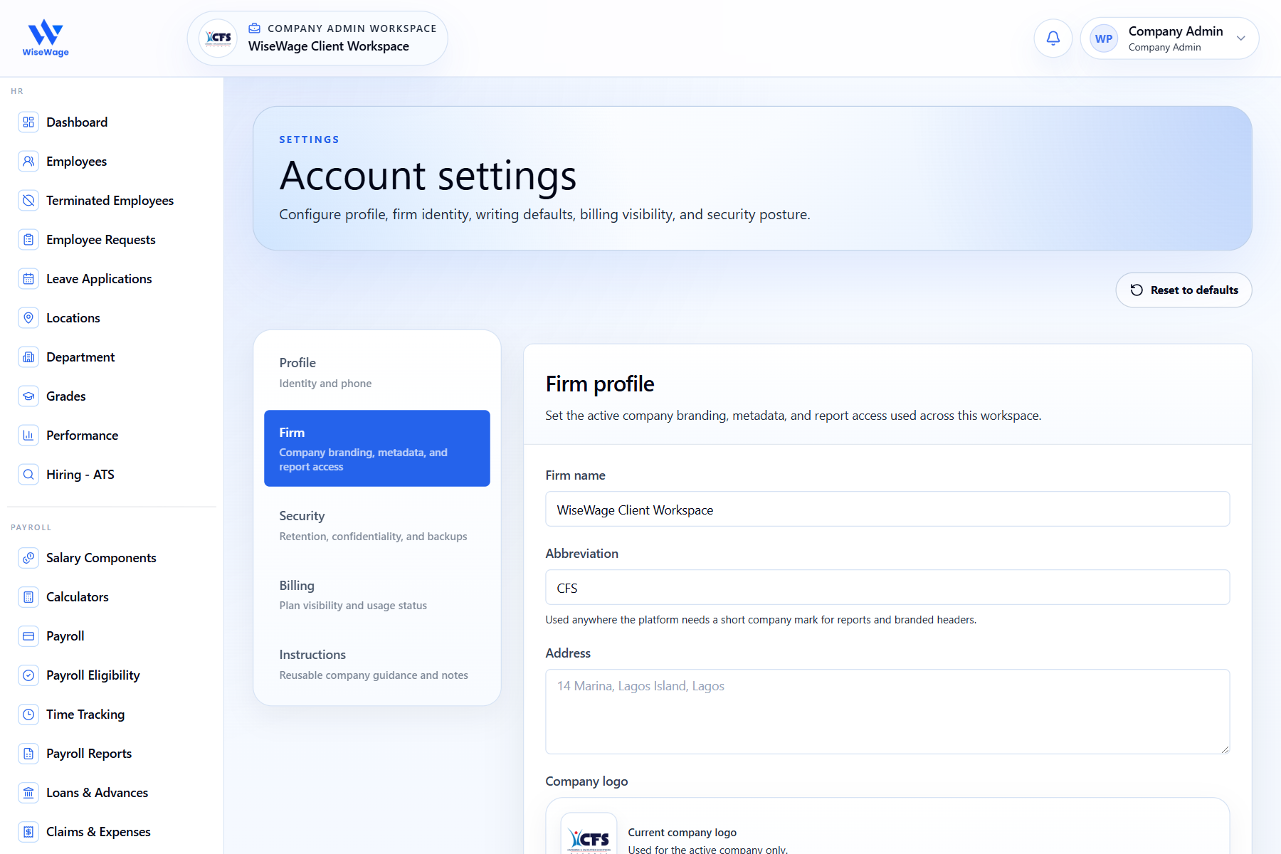 WiseWage company report access settings