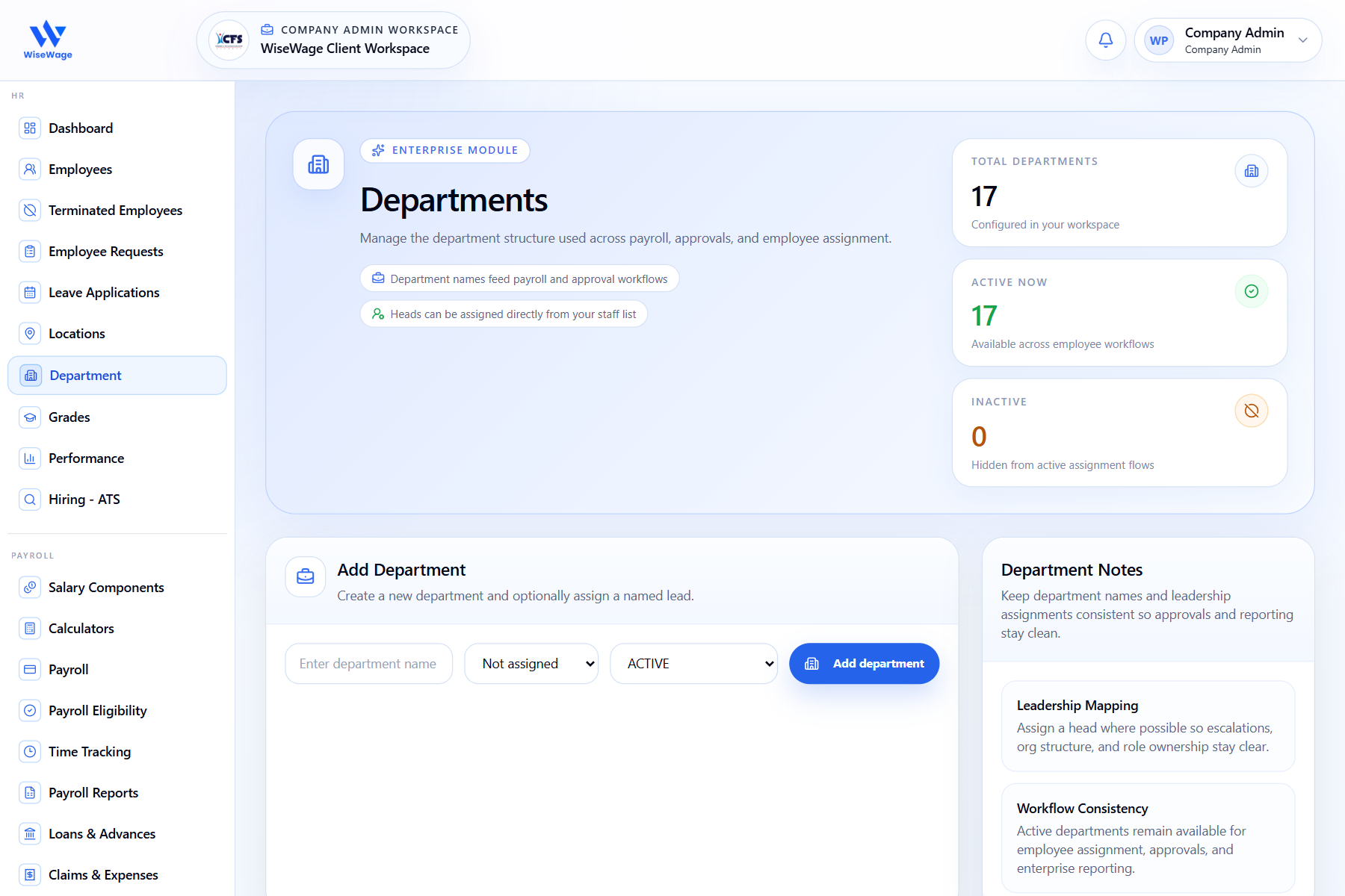 WiseWage departments configuration screen