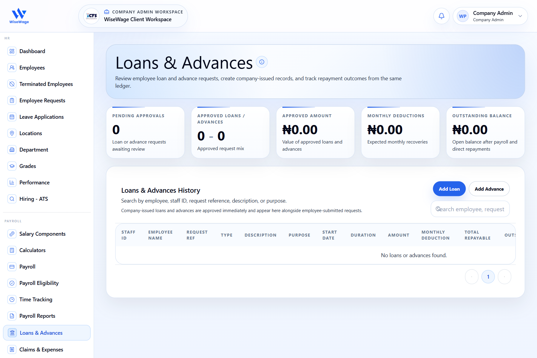 WiseWage loans and advances screen