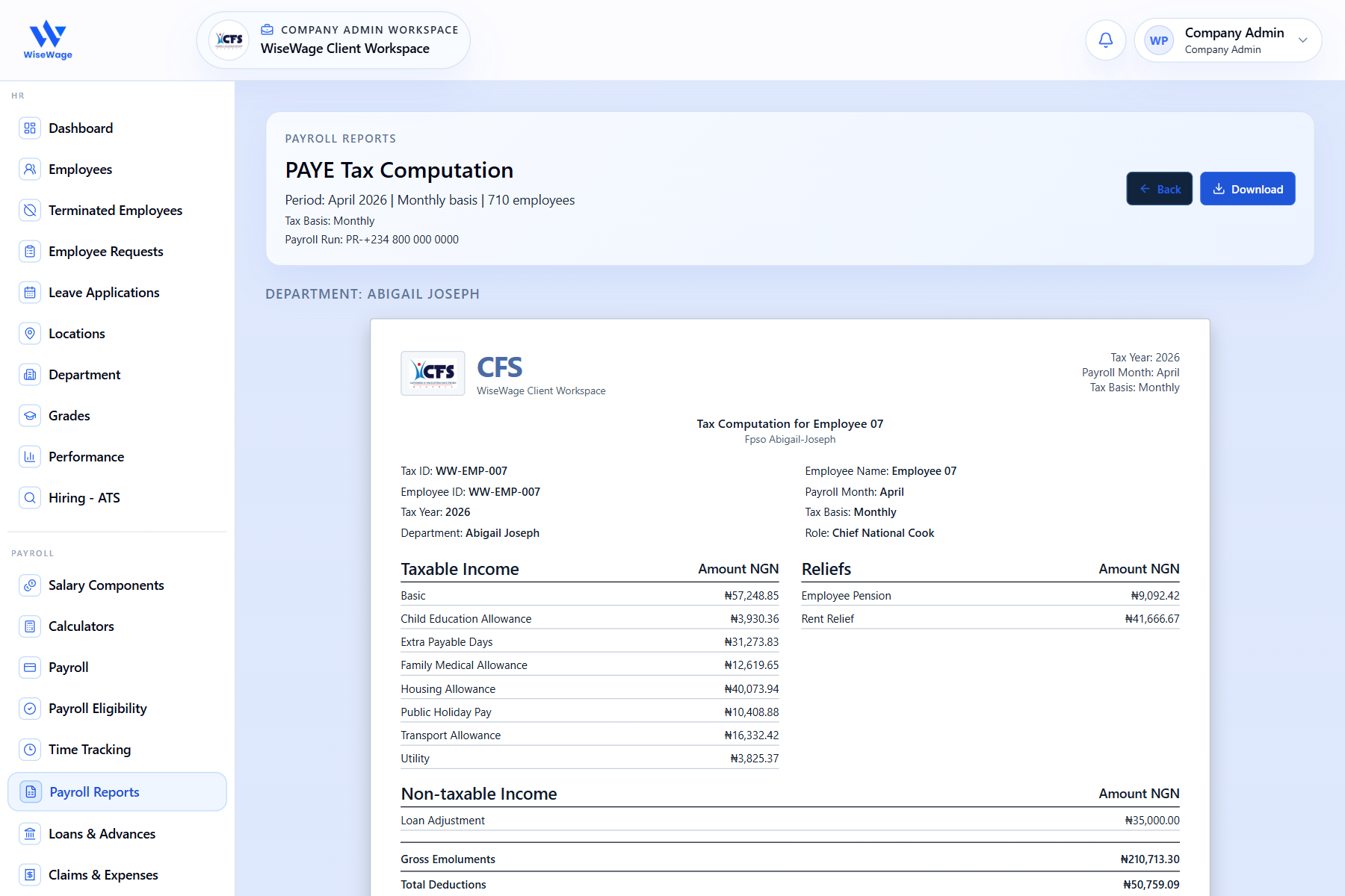 WiseWage PAYE tax report screen