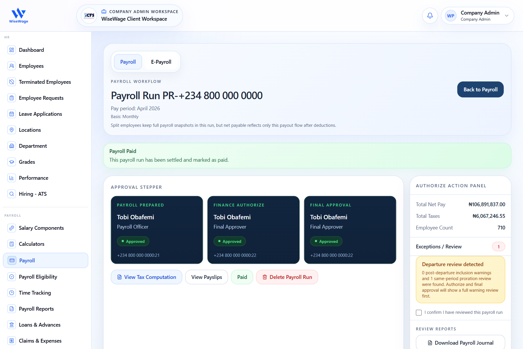 WiseWage payroll authorization workflow screen