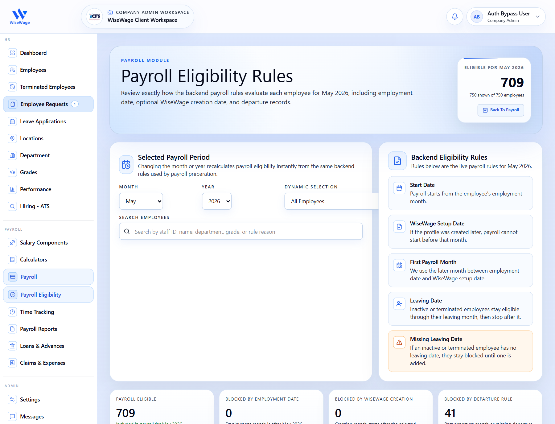 WiseWage payroll eligibility rules screen