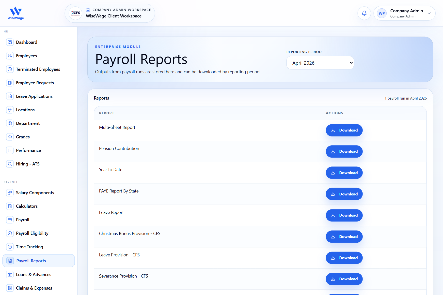 WiseWage payroll reports dashboard