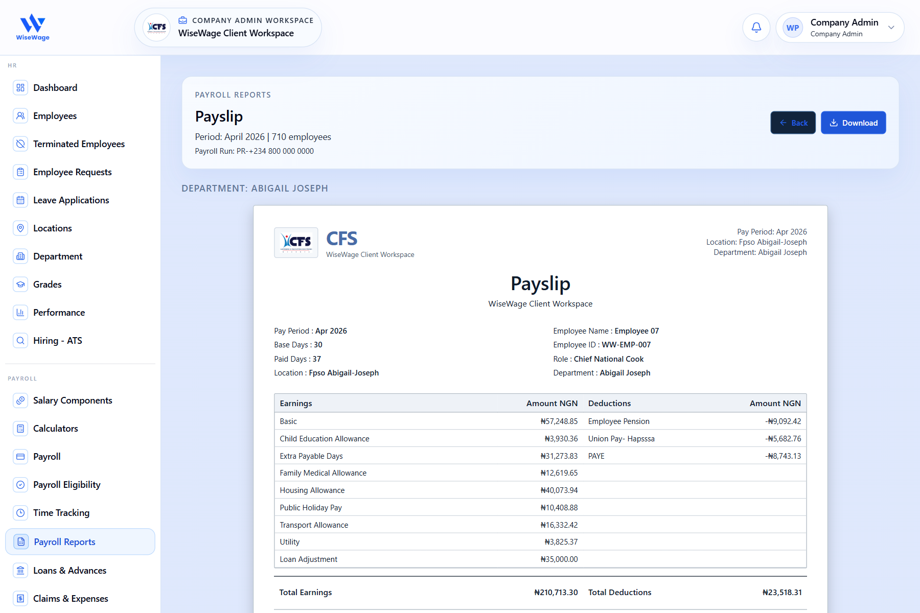 WiseWage payslip report screen