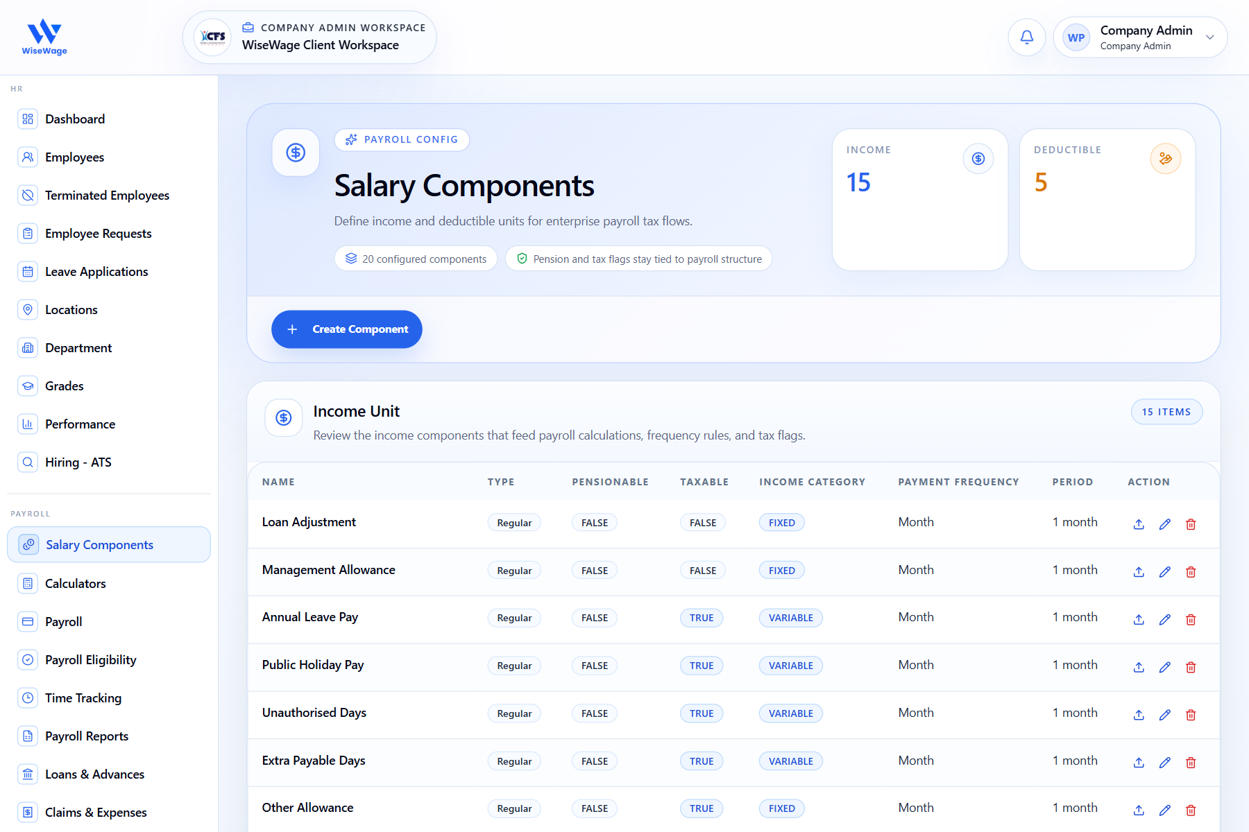 WiseWage salary components configuration screen