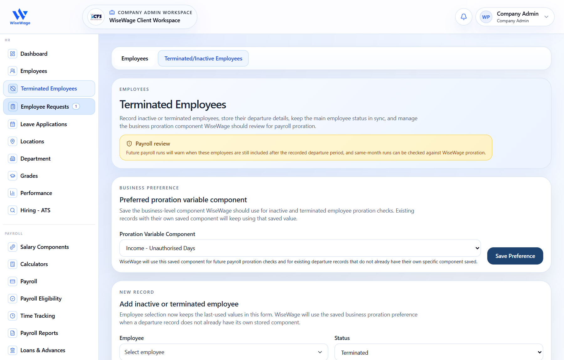 WiseWage terminated employees workspace